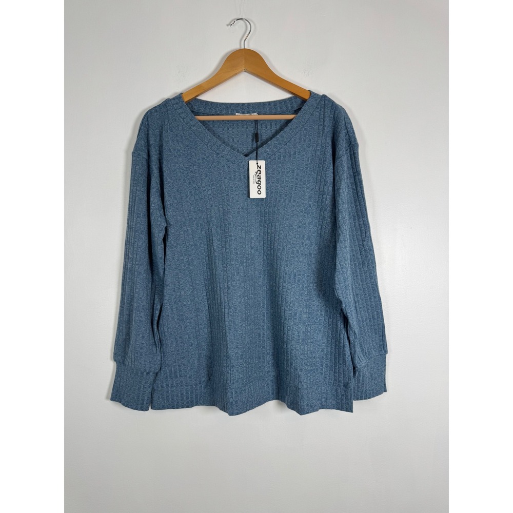 Cozycore Zeagoo Women XL Ribbed Knit Top Blue Heather V-Neck Long Sleeve Relaxed